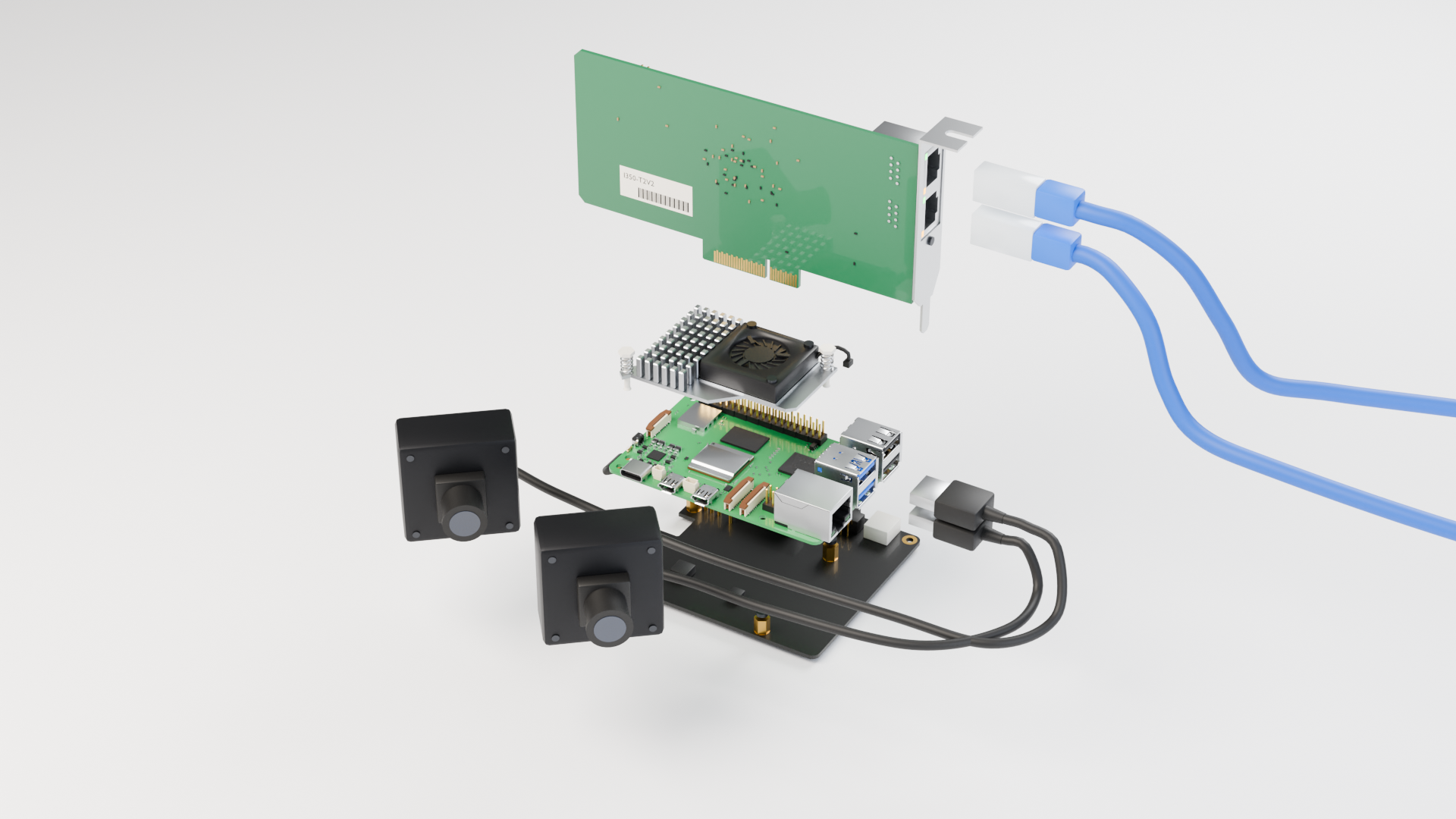 Exploded CAD view separating the Pi, active cooler, PCIe adapter, ribbon cable, Intel NIC and optional camera connections.