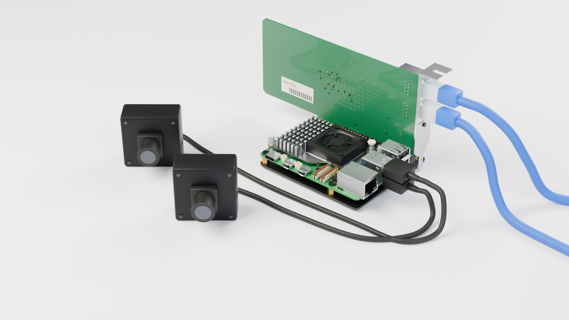 Pi 5 with active cooler, a PCIe adapter beneath it, and an upright dual-port Intel Ethernet card. Optional USB cameras are shown beside the assembly.