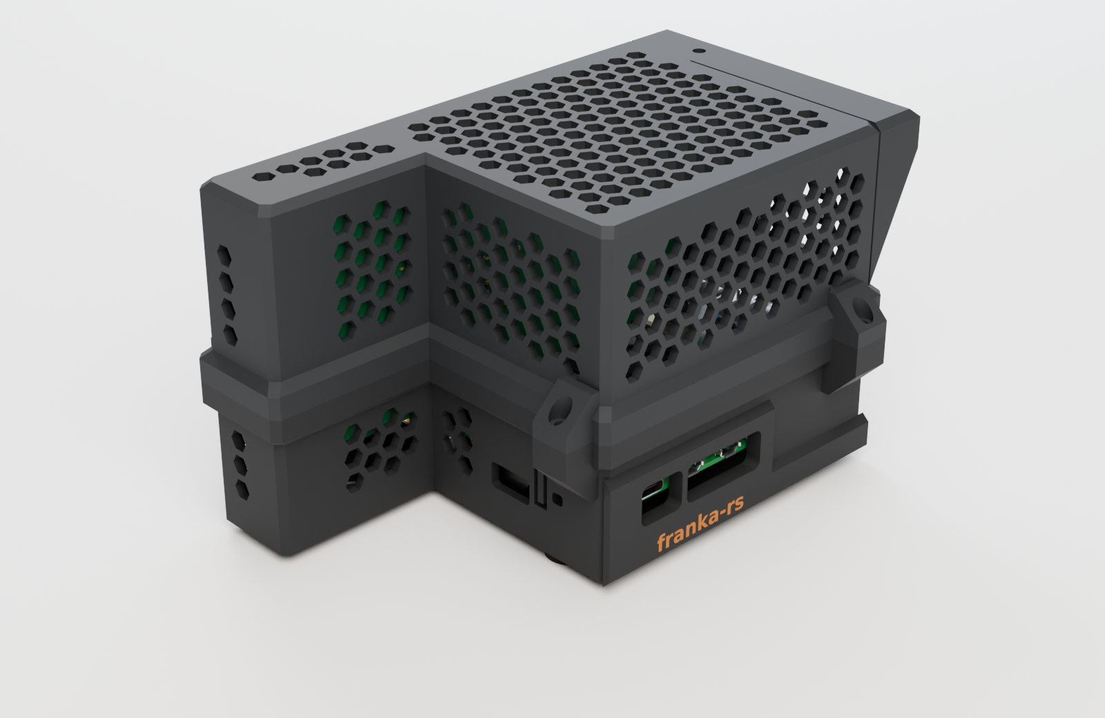 Rendered vented two-part enclosure with access to the Pi ports and a supported upright Intel NIC.